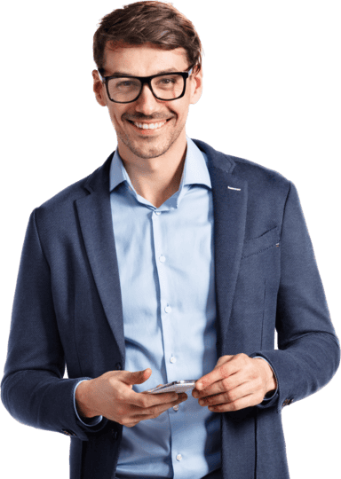 customer with glasses holding phone