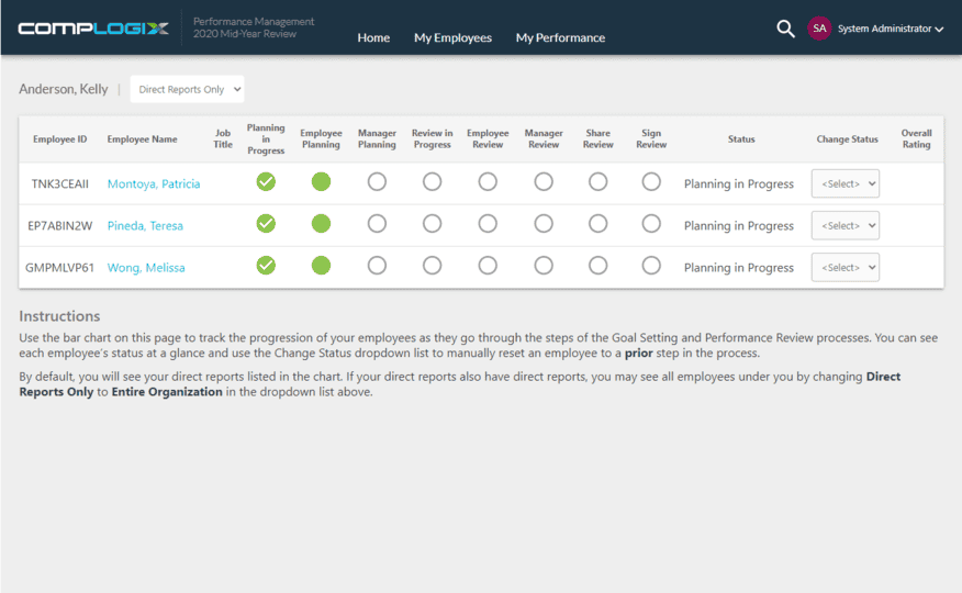 Direct reports compensation planning progress screenshot.